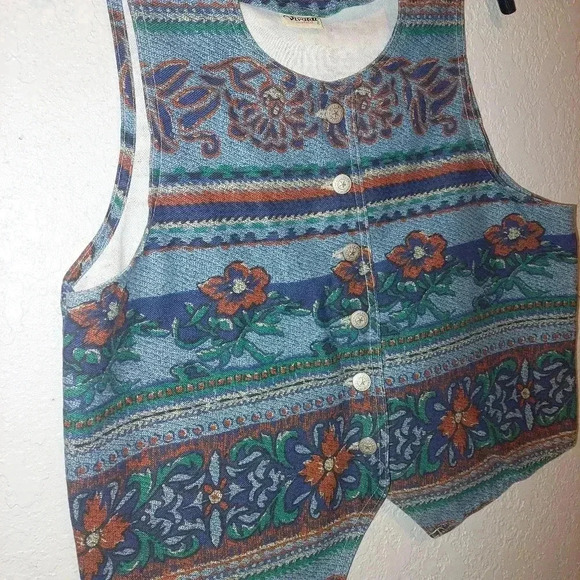 Vivaldi Jeanswear Button Front Western Vest Multicolor Floral Stripe Vintage M - Picture 3 of 7